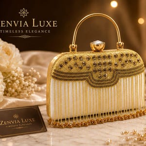 Puede incluir: Un bolso de mano blanco con asa de metal dorado y cierre con incrustaciones de cristal. El bolso presenta cuentas doradas, bordados intrincados y largos flecos de cuentas doradas. El texto ZENVIA LUXE TIMELESS ELEGANCE es visible.