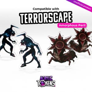 May include: Four acrylic game tokens compatible with Terrorscape, featuring two blue humanoid monster figures and two brown, star-headed creature figures. Each token stands on a clear circular base. The text reads Compatible with TERRORSCAPE, Amorphous Peril, and ACRYLIC TOKENS.