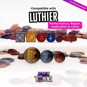 Puede incluir: Una colección de fichas de juego de acrílico que incluye piezas cuadradas y circulares con varios iconos, notas musicales y valores numéricos de 1, 5 y 10. El texto dice Compatible with LUTHIER, Performance, Repair, Inspiration & Coins y ACRYLIC TOKENS.