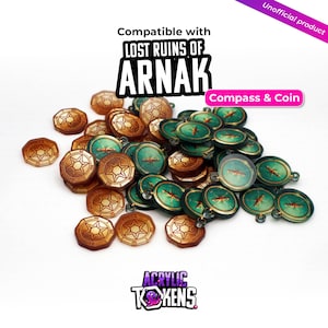 Puede incluir: Una colección de fichas redondas de acrílico compatibles con Lost Ruins of Arnak, que incluye monedas de color cobre con un diseño de estrella y fichas de brújula verdes con un gráfico de aguja. El texto dice Compatible with LOST RUINS OF ARNAK, Compass & Coin y ACRYLIC TOKENS.