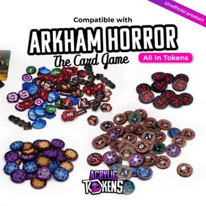 May include: A collection of colourful acrylic game tokens for Arkham Horror The Card Game. The set includes various circular and shaped pieces in blue, red, purple, and copper tones, featuring printed numbers, symbols, and skull icons.