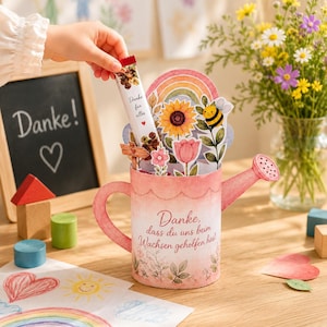 May include: A pink watering can-shaped card featuring a rainbow, sunflower, tulip, and bee illustration. The text reads, "Danke, dass du uns beim Wachsen geholfen hast." A small packet labelled "Danke f&uuml;r alles" is tucked inside the card.