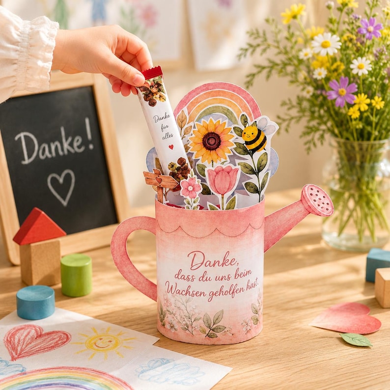May include: A pink watering can-shaped card featuring a rainbow, sunflower, tulip, and bee illustration. The text reads, "Danke, dass du uns beim Wachsen geholfen hast." A small packet labelled "Danke f&uuml;r alles" is tucked inside the card.