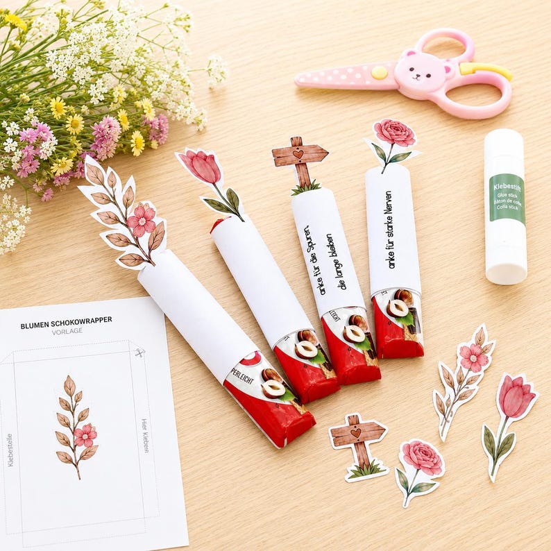 May include: Four chocolate bars wrapped in white paper sleeves with floral and wooden sign toppers. The sleeves feature German text. Nearby are loose paper cutouts of flowers and signs, a glue stick, and pink bear-shaped scissors.
