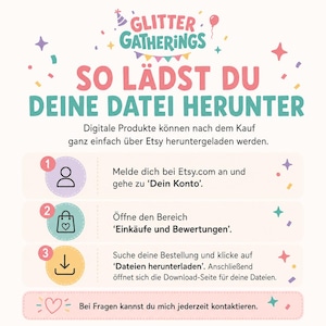 May include: An instructional graphic titled Glitter Gatherings with the text So l&auml;dst du deine Datei herunter. It outlines three numbered steps for downloading digital files from Etsy, featuring icons of a person, a shopping bag, and a download arrow.