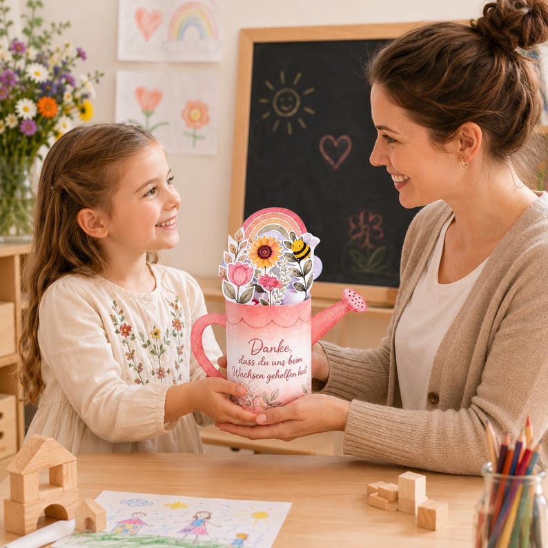 May include: A pink paper pop-up card shaped like a watering can, featuring a bouquet of colourful flowers, a rainbow, and a bee. The text on the front reads, "Danke, dass du uns beim Wachsen geholfen hast," printed in a dark script font on the watering can.