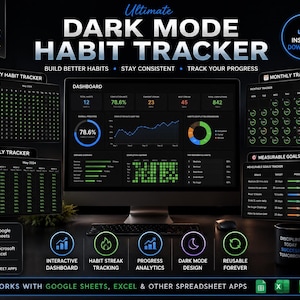 Könnte beinhalten: Ein digitaler Gewohnheitstracker im Dark Mode auf einem Computermonitor, der ein Dashboard mit Fortschrittsdiagrammen, Abschlussraten und Streak-Daten zeigt. Die Benutzeroberfläche umfasst tägliche, wöchentliche und monatliche Tracking-Module mit grünen Akzenten auf schwarzem Grund.
