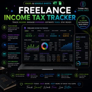Może przedstawiać: Cyfrowe narzędzie do śledzenia podatku dochodowego dla freelancerów w programach Excel i Google Sheets, widoczne na ekranie laptopa i smartfona. Ciemny interfejs zawiera kolorowe wykresy, podsumowania finansowe i kalkulatory podatkowe.