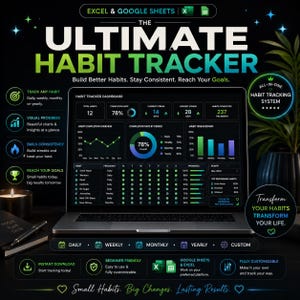 Puede incluir: Un panel de control digital de seguimiento de hábitos en la pantalla de una computadora portátil, con gráficos, barras de progreso y tasas de finalización para Excel y Google Sheets. La interfaz incluye etiquetas de texto como The Ultimate Habit Tracker, Daily, Weekly, Monthly, Yearly y Custom, con un tema oscuro y acentos en verde neón y azul.