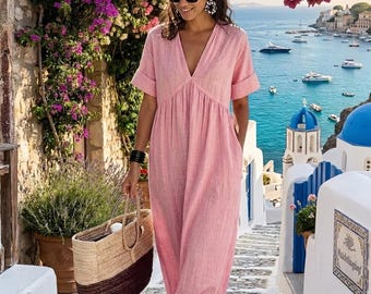 Cotton Linen Maxi Dress, Boho V-Neck Summer Beach Resort Wear