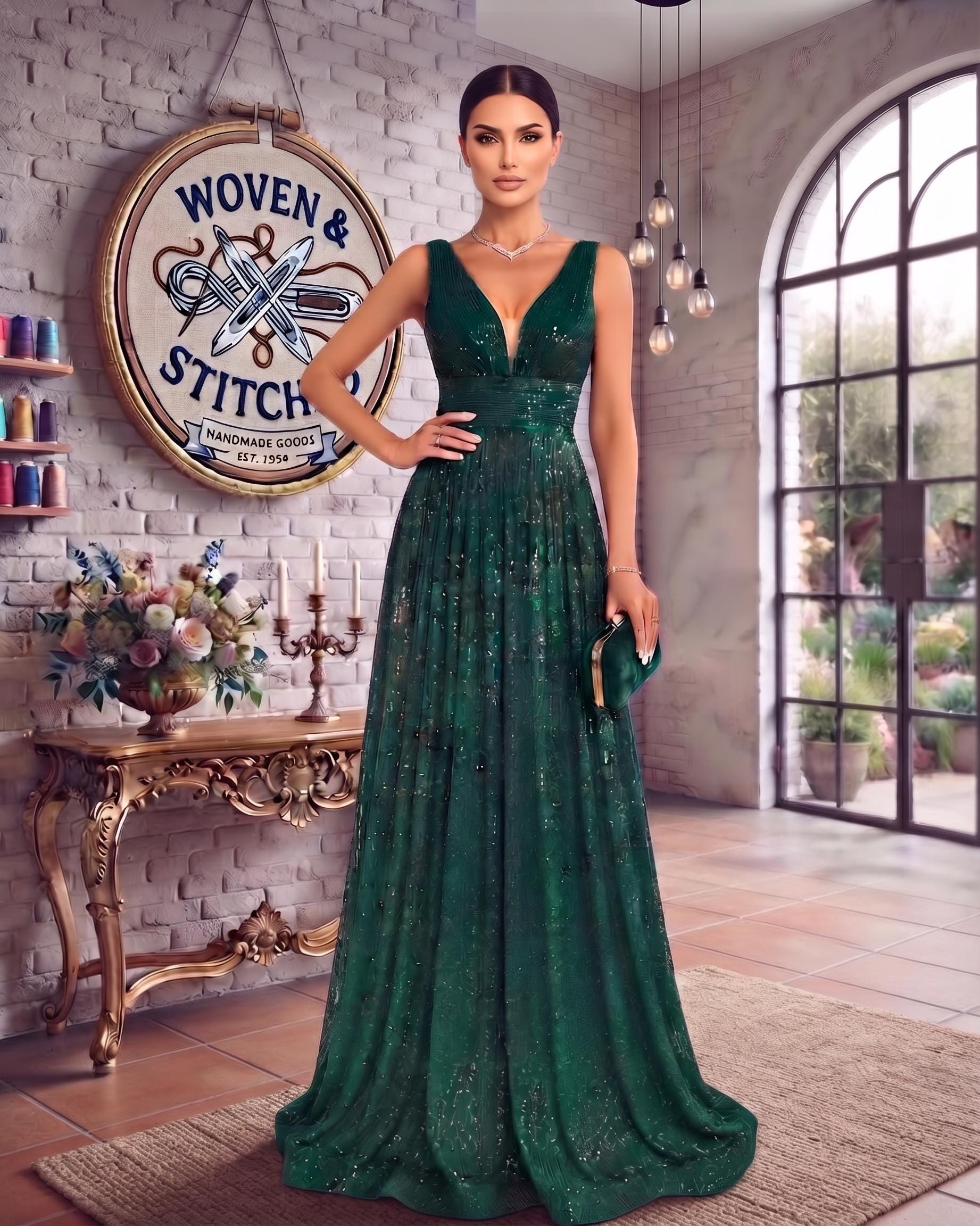 green sequin bridesmaid dress Emerald Artist: Clinton museum portrait RS-06.21.24AM Color:Blushing Bride Posey while delicate spaghetti straps