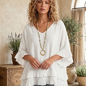 Blusa boho com babados, top oversized de algodão amassado, camisa de verão com decote em V