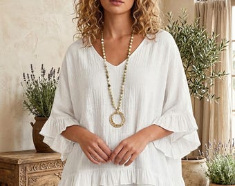 Boho Ruffle Blouse, Oversized Crinkle Cotton Top, V-Neck Summer Shirt