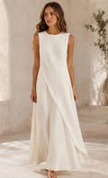 Sleeveless Linen Blend Maxi Dress, Asymmetrical Summer Resort Wear, Elegant Flowy Vacation Style product logo