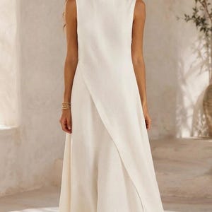 Sleeveless Linen Blend Maxi Dress, Asymmetrical Summer Resort Wear, Elegant Flowy Vacation Style White