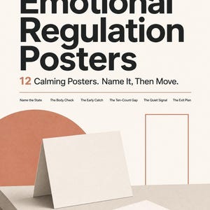 以下が含まれることがあります： 12枚のEmotional Regulation Postersセット。テキスト：Emotional Regulation Posters, 12 Calming Posters. Name It, Then Move. Name the State, The Body Check, The Early Catch, The Ten-Count Gap, The Quiet Signal, The Exit Plan.