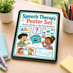 以下が含まれることがあります： Speech Therapy Poster Setと書かれたデジタルタブレット。画面には、子供たち、吹き出しのキャラクター、アルファベット、風の雲のグラフィックがカラフルなイラストで描かれており、Anchor Charts + No-Prep Activitiesというテキストが表示されています。