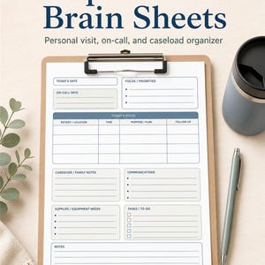 May include: Hospice Nurse Brain Sheets personal visit, on-call, and caseload organizer printed on white paper clipped to a brown clipboard. The form includes sections for date, priorities, patient visits, caregiver notes, communications, supplies, and tasks.