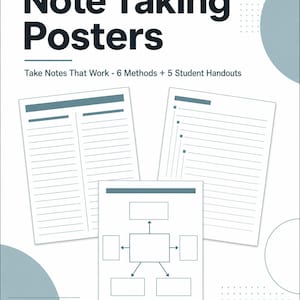 May include: A set of educational posters titled Note Taking Posters, featuring the text Take Notes That Work - 6 Methods + 5 Student Handouts. The design includes three white sheets with blue lines and boxes, set against a white background with blue circles and dotted patterns.