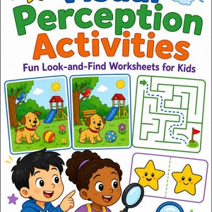 Może przedstawiać: Okładka książki zatytułowana Visual Perception Activities Fun Look-and-Find Worksheets for Kids. Zawiera ilustracje dwojga dzieci z lupami, labirynt oraz dwie sceny z parku z szczeniakiem, ptakiem i placem zabaw.