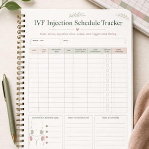 Op de afbeelding: Een spiraalgebonden IVF Injection Schedule Tracker planner met een witte kaft, groene bladaccenten en een hartpictogram. De pagina bevat kolommen voor datum, cyclusdag, medicatie, tijd, injectieplaats, scan, trigger-shot en notities.