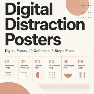 以下が含まれることがあります： 「Digital Distraction Posters」というタイトルのポスター。サブタイトルは「Digital Focus. 12 Defenses. 3 Steps Each.」。01 Notification Triage、02 The Home Screen Diet、03 Grayscale Hours、04 The Study-Mode Setup、05 The Overnight Dock、06 The Scroll Ledgerの6項目が記載され、クリーム色の背景に黒とピーチ色の幾何学模様と線が描かれています。