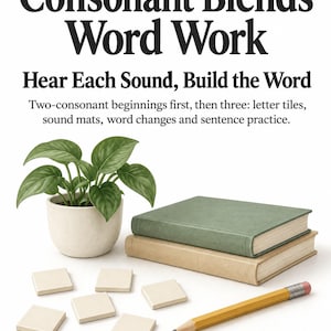 Könnte beinhalten: Bildungsmaterial mit dem Titel Consonant Blends Word Work Hear Each Sound, Build the Word. Enthält eine grüne Pflanze in einem weißen Topf, zwei gestapelte Bücher, sechs leere quadratische Kacheln und einen gelben Bleistift mit rosa Radiergummi.