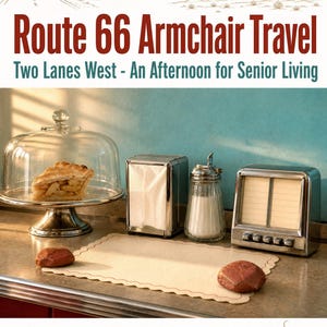 Könnte beinhalten: Ein Plakat mit dem Titel Route 66 Armchair Travel Two Lanes West - An Afternoon for Senior Living mit einer Tortenplatte aus Chrom mit einem Stück Apfelkuchen, einem Serviettenhalter aus Chrom, einem Zuckerstreuer aus Glas und einem Menü.