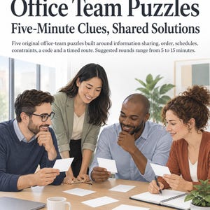 May include: A book cover titled Office Team Puzzles: Five-Minute Clues, Shared Solutions. The text describes five original office-team puzzles built around information sharing, order, schedules, constraints, a code, and a timed route.