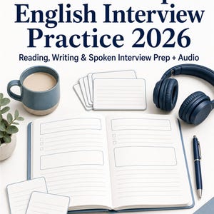 May include: A study guide titled Citizenship English Interview Practice 2026 Reading, Writing & Spoken Interview Prep + Audio. Includes an open notebook with lined pages, a blue mug, blue headphones, a blue pen, and several blank index cards.