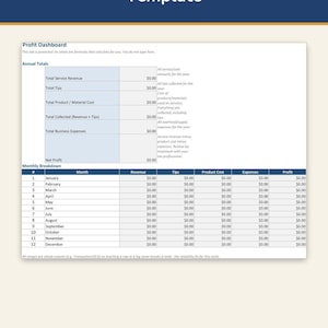 May include: A digital salon bookkeeping spreadsheet template with a dark blue header reading Salon Bookkeeping Spreadsheet Template. The interface displays a Profit Dashboard with annual totals and a monthly breakdown table for revenue, tips, product costs, expenses, and profit. The bottom text lists compatibility with Excel, Google Sheets, LibreOffice, and Numbers.
