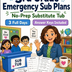 Könnte beinhalten: Ein 3rd Grade Emergency Sub Plans No-Prep Substitute Tub Lehrmittel mit einem blauen Kunststoffbehälter mit der Aufschrift SUB TUB, Stapeln von Mathe-, Lese- und Grammatikarbeitsblättern sowie einer Illustration einer Lehrkraft und drei Schülern.