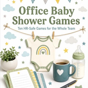 May include: A set of Office Baby Shower Games with the text 'Office Baby Shower Games Ten HR-Safe Games for the Whole Team'. Includes a baby onesie with a rainbow, a blue mug with a white heart, a baby bottle, a pen, paper cards, and a small plant.
