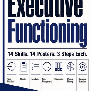 May include: A white educational poster with dark blue text reading Executive Functioning and 14 Skills. 14 Posters. 3 Steps Each. Below are seven icons representing Task Initiation, Planning, Prioritising, Time Management, Organisation, Working Memory, and Sustained Attention.