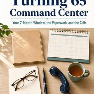 Może przedstawiać: Przewodnik Turning 65 Command Center z podtytułem Your 7-Month Window, the Paperwork, and the Calls. Obraz przedstawia beżowy folder, pusty kalendarz biurkowy, okulary w szylkretowych oprawkach, pióro wieczne oraz ciemnoniebieską słuchawkę telefoniczną.