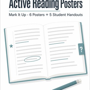 May include: An open book illustration with teal accents, featuring a star icon, a question mark tab, and circled text. Below the book is a teal pencil. The text reads: Active Reading Posters, Mark It Up - 6 Posters + 5 Student Handouts.