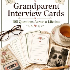 May include: Grandparent Interview Cards with 105 Questions Across a Lifetime. The set includes lined cards with floral accents, a pair of tortoiseshell glasses, a teacup, a vintage cassette tape, a pencil, and a black and white photograph of two children.