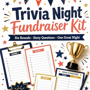 Op de afbeelding: Een Trivia Night Fundraiser Kit met een sterrenbanner, een klembord voor ronde 1, vellen voor ronde 2 en 3, een scorekaart, een potlood en een gouden trofee. De tekst luidt: Trivia Night Fundraiser Kit, Six Rounds - Sixty Questions - One Great Night.