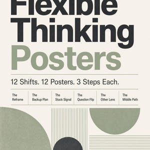 May include: A set of 12 Flexible Thinking Posters featuring the text 12 Shifts. 12 Posters. 3 Steps Each. The design includes the phrases The Reframe, The Backup Plan, The Stuck Signal, The Question Flip, The Other Lens, and The Middle Path.