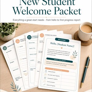 May include: A New Student Welcome Packet document set featuring sections for goals, scheduling, and communication. The pages include headings like Welcome, About This Packet, and At A Glance, with placeholders for student and tutor names in a clean layout.