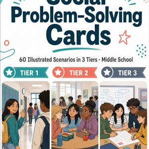 Op de afbeelding: Een set Social Problem-Solving Cards met 60 geïllustreerde scenario's in 3 niveaus voor de middelbare school. De omslag toont donkerblauwe tekst, kleurrijke abstracte vormen en drie panelen met leerlingen in de gang, bij de lunch en tijdens studie.