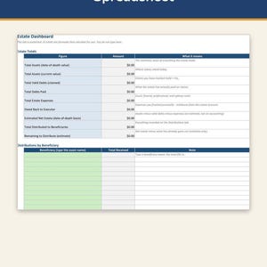 May include: An Estate Executor Organizer Spreadsheet digital template featuring an Estate Dashboard with columns for Figure, Amount, and What it means. It includes sections for Estate Totals and Distributions by Beneficiary, compatible with Excel, Google Sheets, LibreOffice, and Numbers.