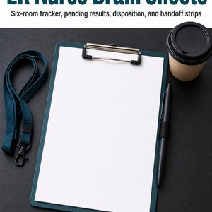 May include: A dark teal clipboard with a blank white sheet of paper, a black pen, and a dark teal lanyard. The text ER Nurse Brain Sheets, Six-room tracker, pending results, disposition, and handoff strips is displayed at the top of the image.