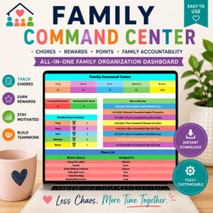 May include: A digital family command center dashboard displayed on a laptop screen, featuring colorful sections for chores, rewards, points, and accountability. The interface includes a mission queue, weekly rankings, and activity logs for multiple users.