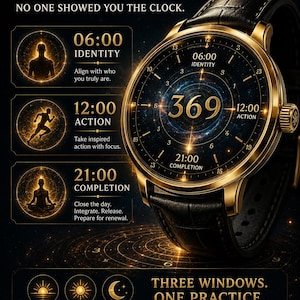 Peut inclure: Une montre-bracelet dorée avec un bracelet en cuir noir et un cadran sombre sur le thème céleste affichant le nombre 369. L'image contient du texte détaillant un système de montre avec des pratiques basées sur le temps : 06:00 Identité, 12:00 Action, 21:00 Achèvement.