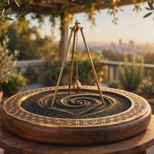 May include: A circular wooden sand pendulum featuring a dark sand base with a spiral pattern, enclosed by a gold-toned metal frame with intricate geometric engravings along the rim and a central gold-toned metal pendulum suspended from a tripod.