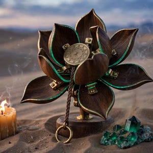 May include: A mechanical lotus flower sculpture crafted from dark wood with metallic gold hinges and a central circular plate featuring a geometric star pattern. A braided cord with a gold ring hangs from the centre, accompanied by a lit candle.