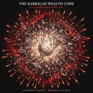 May include: A graphic print titled THE KABBALAH WEALTH CODE featuring a shattered glass chalice at the center, surrounded by a glowing red nebula, geometric patterns, and floating Hebrew letters, with the text Every Breaking Contains Hidden Light.
