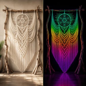 Op de afbeelding: Een grote macramé wandhanger opgehangen aan een drijfhouten frame, met een centraal cirkelvormig geometrisch mandala-ontwerp met ingewikkelde knooppatronen en lange franjes. Het stuk wordt getoond in natuurlijk off-white en een levendige regenboogglans.