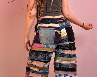 Jeans avec ceinture, patchwork upcyclé